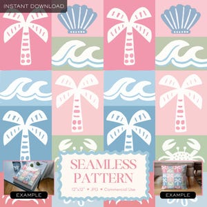 Beach Seamless Pattern, Pastel Tropical Patchwork Digital Paper, Nursery Coastal Palm Tree Ocean Wave Shell Crab Wallpaper Scrapbook Fabric