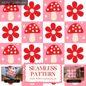 Puede incluir: Patrón sin costuras con setas y flores rojas sobre un fondo a cuadros rosa y blanco. El diseño incluye el texto "SEAMLESS PATTERN" y "12"x12" JPG Commercial Use". Se muestran ejemplos del patrón en una almohada y una caja.
