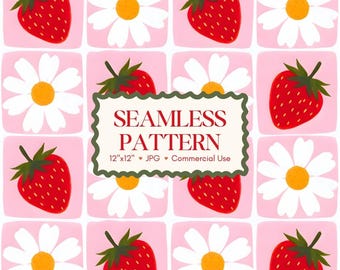 Pink Strawberry Daisy Seamless Repeating Pattern | Square Floral Fruit Digital Paper Background | Modern Cottagecore Repeat | Commercial Use
