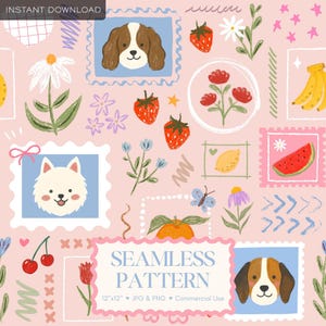 May include: A seamless pattern design featuring illustrations of dogs, strawberries, flowers, and fruit on a pink background. The design includes the text "SEAMLESS PATTERN" and "INSTANT DOWNLOAD". The pattern is 12"x12" and available in JPG & PNG formats.