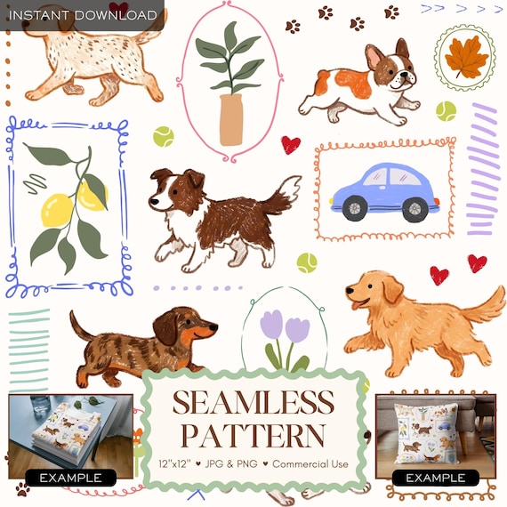 Dog Seamless Pattern, Puppy Nursery Fabric Print, Preppy Pet Digital Paper, Animal Lover Design Scrapbook Sublimation Wallpaper Background