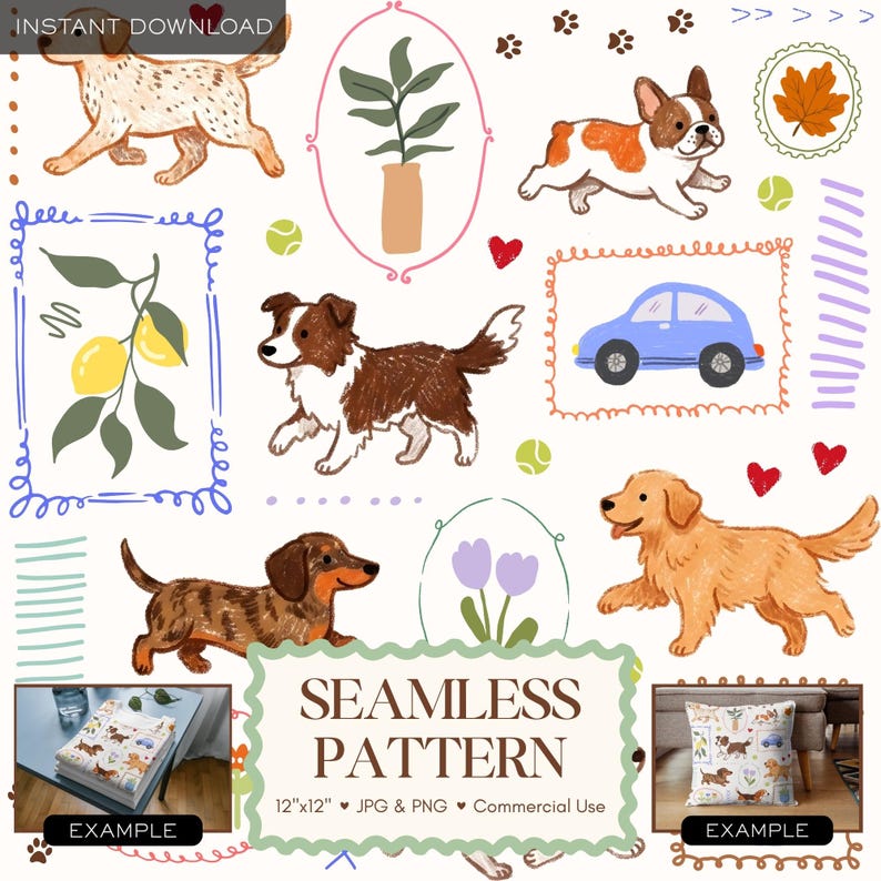 K&ouml;nnte beinhalten: Ein nahtloses Musterdesign mit verschiedenen Hunderassen, darunter ein Golden Retriever, Dackel und Bulldogge, sowie anderen dekorativen Elementen wie Zitronen, Autos und Bl&auml;ttern. Das Muster ist im Format 30,48 cm x 30,48 cm erh&auml;ltlich.