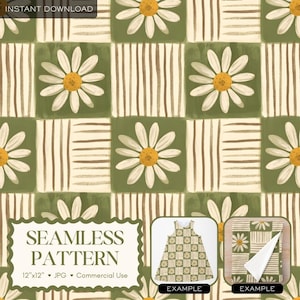 Daisy Patchwork Seamless Pattern, Cottagecore Floral Digital Paper, Grandma Core Quilt Pattern, Retro Spring Flower Print Mothers Day Design
