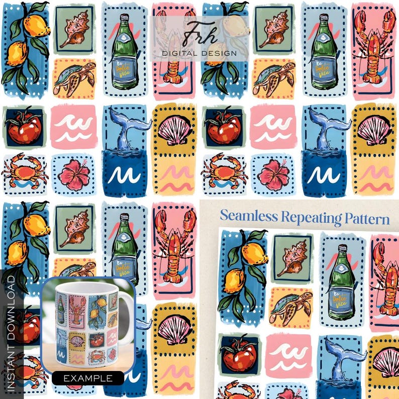 May include: Seamless repeating pattern featuring marine life and botanical illustrations. Includes lemons, turtles, crabs, hibiscus flowers, and a whale tail. A mug with the pattern is shown as an example. The design is in a square format.