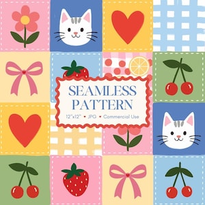 May include: A colorful seamless pattern design featuring squares with various illustrations. The design includes a cat face, a red heart, a pink bow, a strawberry, cherries, and a flower. The text "SEAMLESS PATTERN" is displayed in a decorative frame.