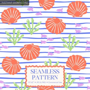 May include: A seamless pattern featuring coral-colored seashells, light green seaweed, and small purple fish on a white background with horizontal blue stripes. A rectangular label at the bottom reads SEAMLESS PATTERN 12"x12" JPG & PNG Commercial Use.
