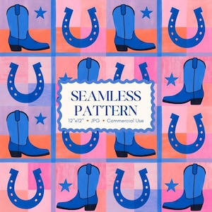 Blue Cowboy Boots Seamless Pattern, Western Pink Orange Checkered Digital Paper, Horseshoe Star Background Printable Fabric | Commercial Use