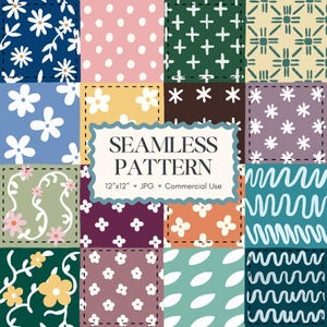 May include: A seamless pattern design featuring a patchwork of colorful squares with various floral and abstract motifs. The design includes daisies, dots, crosses, and wavy lines. The text "SEAMLESS PATTERN" is displayed in a decorative frame. The size is 12"x12".
