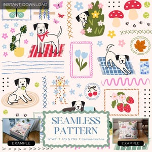 May include: A seamless pattern design featuring cartoon dogs, flowers, butterflies, and mushrooms. The design includes a variety of elements, such as a dog with a red bandana, a dog with a tennis ball, and the text "SEAMLESS PATTERN".