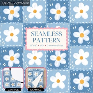 May include: A seamless pattern design featuring white daisies with yellow centres on a light blue background. Each daisy is set within a square, with white dashed lines. The text "SEAMLESS PATTERN" is displayed in a pink frame.