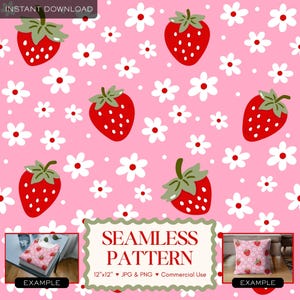 May include: Seamless pattern design featuring red strawberries and white daisies on a pink background. The design includes the text "SEAMLESS PATTERN" and "12"x12" JPG & PNG Commercial Use".