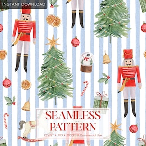 May include: A seamless pattern featuring watercolour illustrations of nutcrackers, Christmas trees, snow globes, candy canes, gift boxes, bells, and dried orange slices on a light blue and white striped background with the text SEAMLESS PATTERN.