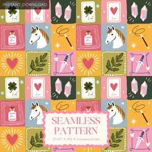 May include: A colorful seamless pattern featuring squares with various illustrations. The design includes hearts, crystals, a horse head, potion bottles, a wand, a dagger, and four-leaf clovers. The text "SEAMLESS PATTERN" is displayed in a pink banner.