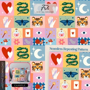 May include: A colorful seamless repeating pattern featuring squares with various illustrations. The design includes hearts, snakes, butterflies, tiger faces, hands, potion bottles, and moons. The words "Seamless Repeating Pattern" are also visible.