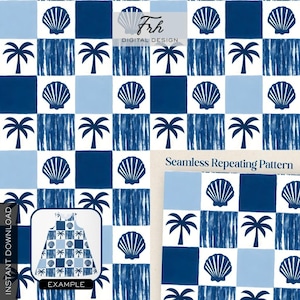Op de afbeelding: Een naadloos herhalend patroon met een raster van blauwe, witte en lichtblauwe vierkanten. Het ontwerp bevat schelp- en palmboommotieven. De woorden "Seamless Repeating Pattern" zijn zichtbaar.