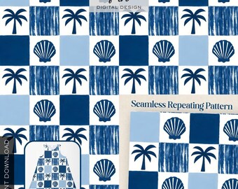 Küsten Patchwork Nahtloses Muster, Blaue Muschel Palme Quilt, Retro Sommer Tropische Strand Kinderzimmer Digitales Papier, Mediterran Fliesen Design