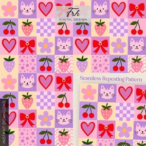 May include: A seamless repeating pattern featuring a grid of squares with various designs. The pattern includes cartoon cats, hearts, bows, flowers, cherries, and strawberries in shades of pink, purple, and yellow. The text "INSTANT DOWNLOAD" and "Seamless Repeating Pattern" are visible.