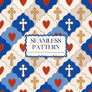 Könnte beinhalten: Nahtloses Muster mit sich wiederholenden Kreuzen, Herzen und geometrischen Formen in Blau, Rot, Gold und Creme. Das Design enthält den Text "SEAMLESS PATTERN" und "12"x12" JPG & SVG Commercial Use".