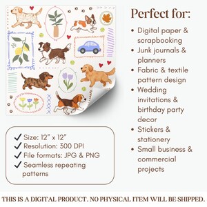 K&ouml;nnte beinhalten: Digitales Papier mit Aquarellillustrationen von Hunden, Blumen und einem blauen Auto. Das Papier misst 30,48 cm x 30,48 cm und eignet sich f&uuml;r digitale Papier- und Scrapbooking-Projekte.