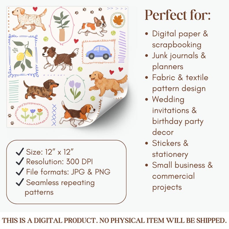K&ouml;nnte beinhalten: Digitales Papier mit Aquarellillustrationen von Hunden, Blumen und einem blauen Auto. Das Papier misst 30,48 cm x 30,48 cm und eignet sich f&uuml;r digitale Papier- und Scrapbooking-Projekte.