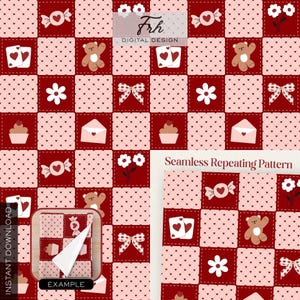 May include: A seamless repeating pattern featuring a patchwork design with red and pink squares. Each square contains various Valentine's Day themed illustrations, including hearts, teddy bears, and playing cards. The words "Instant Download" and "Example" are visible.