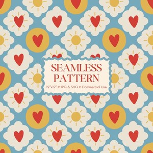 May include: Seamless pattern design featuring repeating elements of red hearts, yellow suns, and white flower shapes on a light blue background. The design includes the text "SEAMLESS PATTERN" and "12"x12" JPG & SVG Commercial Use".