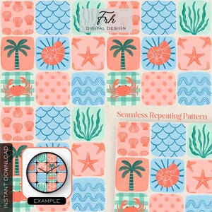 May include: Seamless repeating pattern featuring marine life illustrations. The design includes squares with seashells, palm trees, starfish, crabs, and other sea elements in coral, blue, and green colors. The text "Seamless Repeating Pattern" is visible.