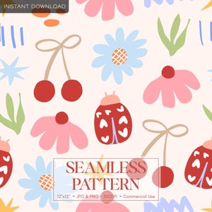 Puede incluir: Un patrón continuo con mariquitas rojas con puntos en forma de corazón blanco, cerezas rojas con tallos, margaritas azul claro con centros naranjas, flores rosas y hojas verdes sobre fondo crema. Texto: SEAMLESS PATTERN 12x12 JPG & PNG 300DPI.