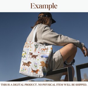 K&ouml;nnte beinhalten: Wei&szlig;e Tragetasche mit einem sich wiederholenden Muster aus Hunden, Blumen und einem blauen Auto. Die Tasche hat wei&szlig;e Tr&auml;ger und das Wort "Example" steht oben. Der Text unten lautet "THIS IS A DIGITAL PRODUCT. NO PHYSICAL ITEM WILL BE SHIPPED."
