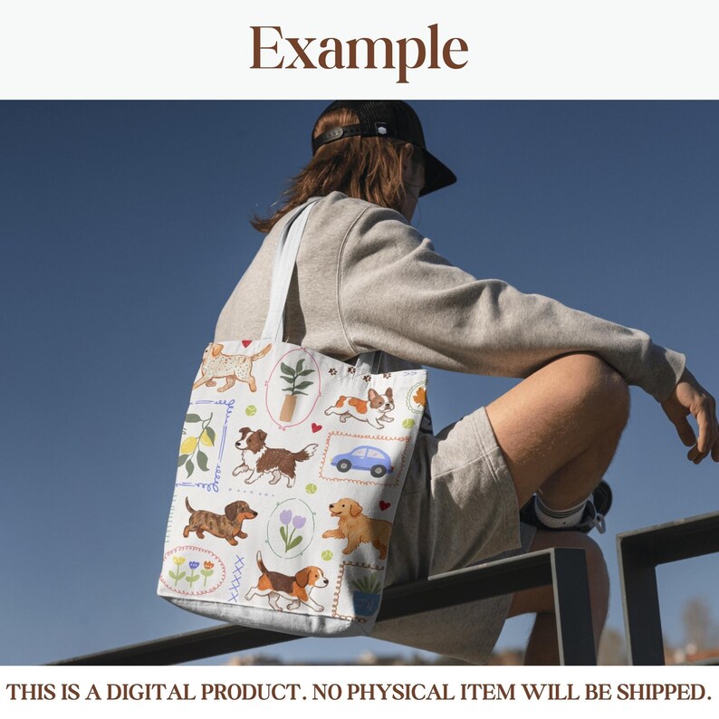 K&ouml;nnte beinhalten: Wei&szlig;e Tragetasche mit einem sich wiederholenden Muster aus Hunden, Blumen und einem blauen Auto. Die Tasche hat wei&szlig;e Tr&auml;ger und das Wort "Example" steht oben. Der Text unten lautet "THIS IS A DIGITAL PRODUCT. NO PHYSICAL ITEM WILL BE SHIPPED."