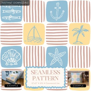 May include: A seamless pattern design with nautical motifs including an anchor, sailboat, starfish, and seashell in white on blue and yellow squares. Brown vertical stripes and the text "SEAMLESS PATTERN" are also present.