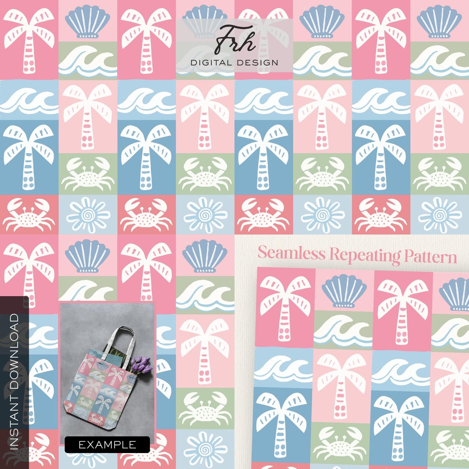 Beach Seamless Pattern, Pastel Tropical Patchwork Digital Paper ...
