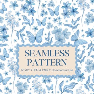 Op de afbeelding: Een naadloos patroonontwerp met aquarel illustraties van blauwe vlinders, bloemen en bladeren op een witte achtergrond. Het ontwerp bevat de tekst "SEAMLESS PATTERN" en de afmetingen "12"x12".