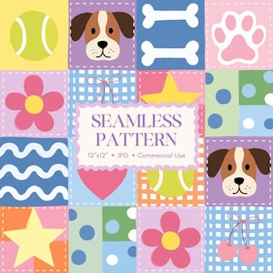 May include: A colorful seamless pattern featuring squares with dog faces, tennis balls, paw prints, flowers, bones, hearts, stars, and cherries. The text "SEAMLESS PATTERN" is displayed in a decorative frame. The pattern is 12"x12".