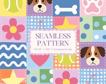 Nursery Pastel Dog Floral Paw Seamless Repeat Pattern Pet Patchwork Digital Paper Background Kawaii Puppy Fabric Print Commercial Use 300dpi