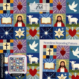 Christian Patchwork Quilt Seamless Pattern Jesus Sacred Heart Cross Bible Dove Lamb of God Digital Paper Religious Fabric Print Commercial