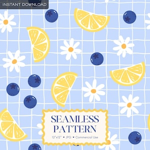 May include: A seamless digital pattern featuring yellow lemon slices, dark blue blueberries, and white daisies arranged on a light blue grid background. The image includes text that reads SEAMLESS PATTERN 12"x12" JPG Commercial Use.