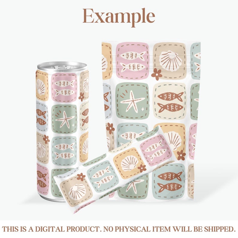 K&ouml;nnte beinhalten: Eine Dose und eine Verpackung mit einem sich wiederholenden Muster aus Meereskreaturen und Muscheln in Pastellfarben. Das Design umfasst Fische, Seesterne und Muscheln in gestickten quadratischen Rahmen. Das Wort "Example" steht oben.