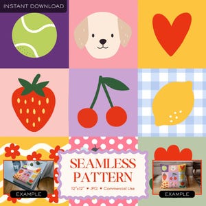 Op de afbeelding: Een kleurrijk naadloos patroonontwerp met een tennisbal, een honden gezicht, een rood hart, een aardbei, kersen en een citroen. Het ontwerp bevat de tekst "INSTANT DOWNLOAD" en "NAADLOOS PATROON 12"x12" JPG Commercieel Gebruik".