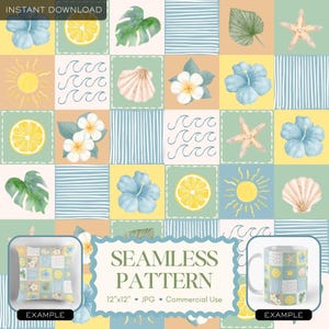 Beach Patchwork Seamless Pattern, Coastal Quilt Digital Paper, Tropical Summer Nautical Starfish Lemon Hibiscus Ocean Seashell Fabric Design