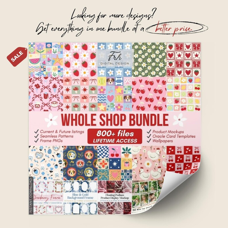 K&ouml;nnte beinhalten: Ein digitales Design-Bundle mit Mustern mit Erdbeeren, G&auml;nsebl&uuml;mchen und Hundeillustrationen. Das Bild enth&auml;lt den Text "WHOLE SHOP BUNDLE" und "800+ Dateien". Ein rotes "SALE"-Tag befindet sich in der oberen linken Ecke.