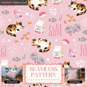 May include: A seamless pattern with calico cats, fish, sushi, and fish juice cartons on a pink backdrop. The design includes stamps, fans with fish, and decorative elements. The pattern is labelled "SEAMLESS PATTERN" and is available as a 30.48cm x 30.48cm JPG and PNG file.
