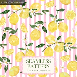 Puede incluir: Un patrón continuo con limones amarillos, hojas verdes y flores blancas en acuarela sobre un fondo de rayas verticales rosas y blancas. Una etiqueta blanca central contiene el texto SEAMLESS PATTERN 12x12 JPG Commercial Use.