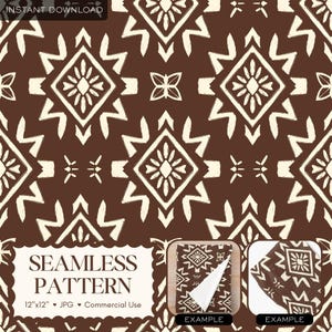 Può includere: Un design a motivo continuo marrone e crema. Il motivo presenta forme geometriche, tra cui diamanti e zig-zag. Le parole "SEAMLESS PATTERN" sono visualizzate, insieme a "12"x12" JPG Commercial Use".