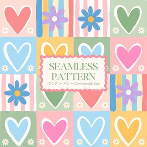 Puede incluir: Un patrón sin costuras colorido con corazones, flores y rayas dispuestas en una cuadrícula. El diseño incluye colores pastel como rosa, azul, amarillo y verde. El texto "SEAMLESS PATTERN" se muestra en un marco decorativo. El patrón es de 30.48cm x 30.48cm.