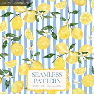 May include: Watercolor seamless pattern featuring yellow lemons, white blossoms, and green leaves on branches, set against a blue and white striped background. The image includes the text "SEAMLESS PATTERN" and "INSTANT DOWNLOAD".