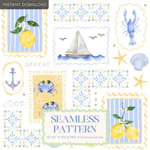 Op de afbeelding: Een digitale collectie aquarelillustraties met een gele citroen op een blauw gestreepte achtergrond, een zeilboot op water, een blauwe kreeft, een krab, een anker, een zeester, een schelp en blauwe en gele tegelpatronen met tekst.