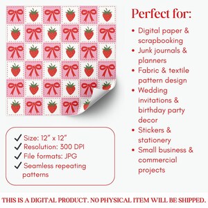 Op de afbeelding: Een digitaal herhalend patroon met een raster van roze en witte vierkanten. Elke vierkant bevat een rode aardbei of een rode strik. Het patroon is 30,48 cm x 30,48 cm en is geschikt voor digitaal papier, scrapbooking en textielontwerp.