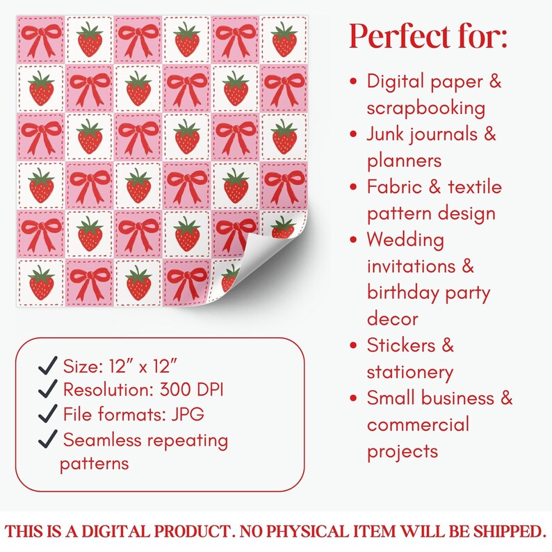 Op de afbeelding: Een digitaal herhalend patroon met een raster van roze en witte vierkanten. Elke vierkant bevat een rode aardbei of een rode strik. Het patroon is 30,48 cm x 30,48 cm en is geschikt voor digitaal papier, scrapbooking en textielontwerp.
