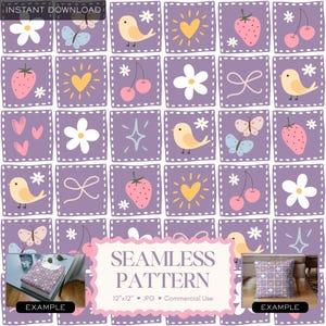 Puede incluir: Un diseño de patrón sin costuras con cuadrados repetidos. El diseño incluye fresas, pájaros, mariposas, corazones, flores y lazos en colores pastel sobre un fondo púrpura. También se incluye el texto "SEAMLESS PATTERN".